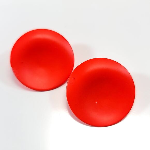 Vintage Red Metal Matte Disc Earrings, Bold Simple Design, Statement Jewelry - Picture 3 of 10